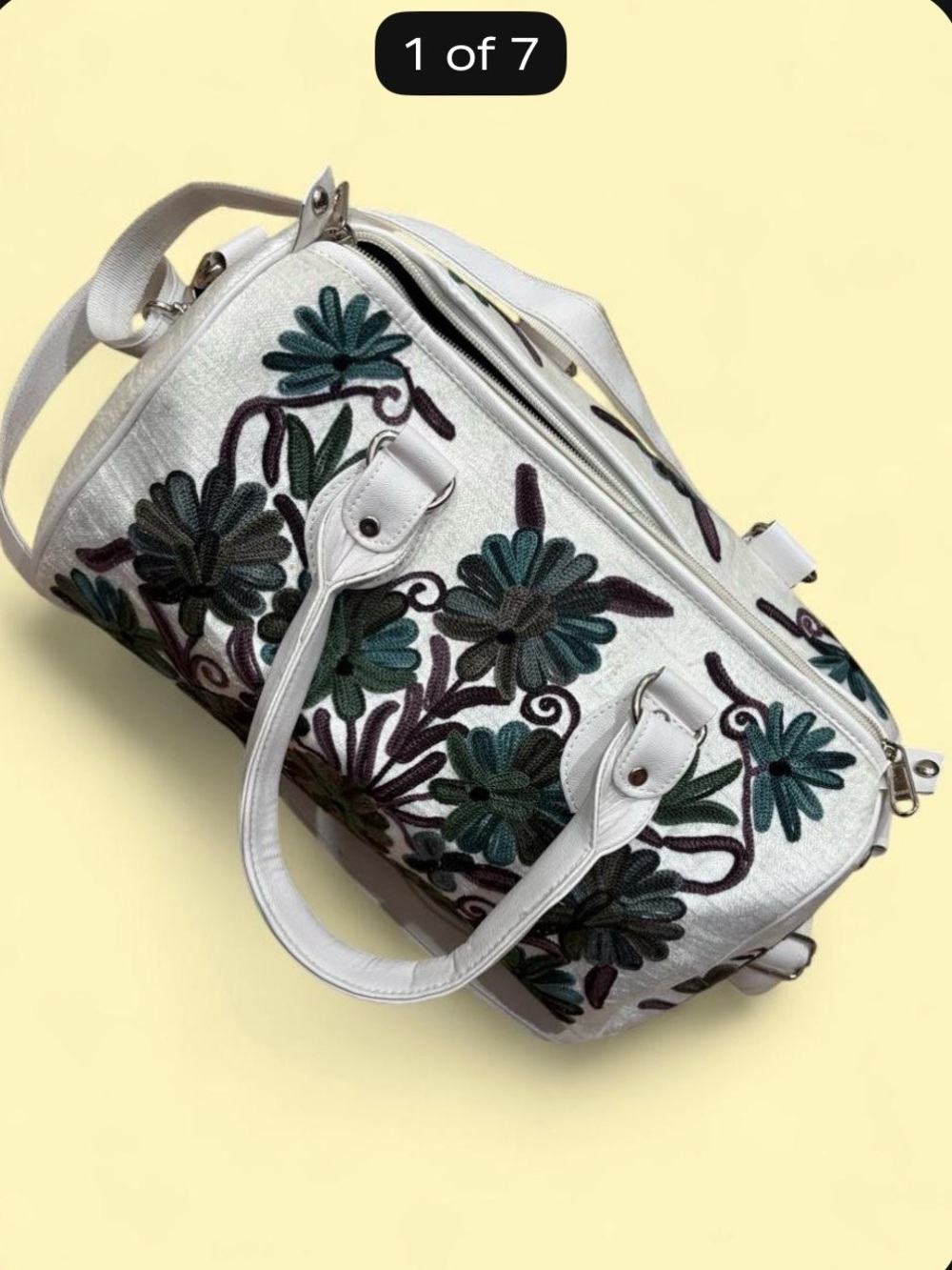 White Floral Embroidered Leather Satchel Bag